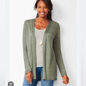 Talbots 100% Linen Pointelle Knit Lagenlook Open Front Cardigan Sweater Longline